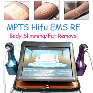 Última MPTS 12D Hifu EMS y RF Eliminación de grasa del vientre Reducción de celulitis Máquina de adelgazamiento corporal con 2 asas