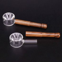 Dernières Pipes en verre en verre épais en bois naturel Poignée portable Filtre à tabac aux herbes sèches Cuillère Bol Pipes à main Conseils de fumer innovants Porte-cigarette Tube en bois à la main