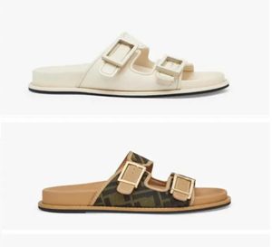 nieuwste populaire platte sandalen met dubbele band, decoratieve gesp versierd met jacquardstof met patroon, lichtbruine lederen rand met doosmaat 35-45