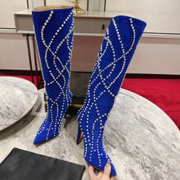 Dernières bottes de piste Bottes cloutées Talons d'orteil Bottes à talons en cuir 100 mm Chaussures de créateur (34-43) Boîte à chaussures pour femmes d'usine de luxe