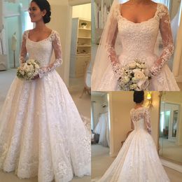 Dernière vente encolure dégagée a-ligne à manches longues robes de mariée en dentelle bouton dos Appliques perlées robes de mariée DH4009