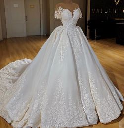 Latest Sheer Neck Short Sleeves Wedding Dresses Lace Applique Vestido de Novia Sweep Train Bridal Gowns