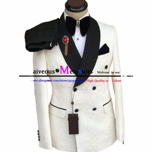 Nieuwste Slim Fit Double Breasted Trouwpak Voor Mannen 2023 Luxe Ivoor Jacquard Heren Pak 2 Stuk Blazer Broek bruidegom Prom Suits k2gJ #