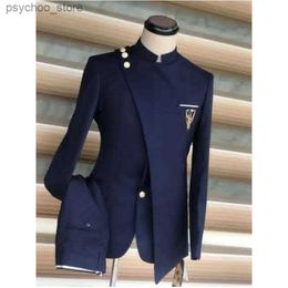 Último diseño especial Azul marino Stand Collar Trajes de hombre para negocios Boda Novio Slim Fit Tuxedo 2 piezas Blazer Chaqueta + Pantalón Q230828
