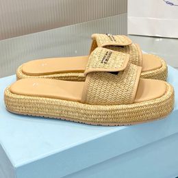 Nieuwste lente zomer Zaagtand Romeins geweven pantoffels Ultralichte dikke zool Vintage strandschoenen Lafite Grass Bovenste kalfsleer Binnenvoering Hakhoogte 4 cm Maat 35-41