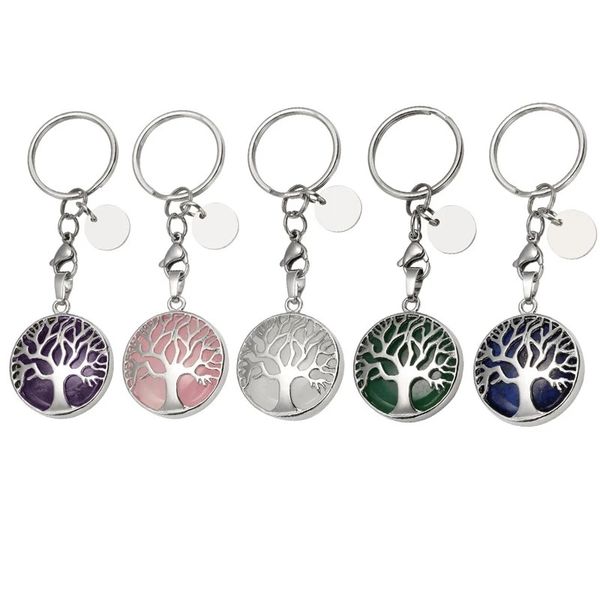 Porte-clés arbre de vie, dernier Style, pierre précieuse en Quartz naturel, cristal rose de guérison, bijoux