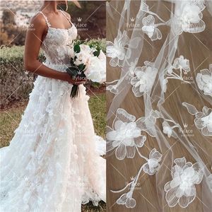 Nieuwste unieke mode zacht borduurwerk mesh 3d trouwjurk jurk kanten stof verkopen door 1 yard 240408