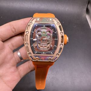 Última versión Boutique Watch Skull Tower Dial Caja en forma de barril Reloj personalizado de moda para hombres Correa de caucho naranja Reloj mecánico automático deportivo