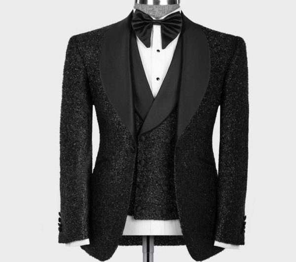 Mais recente casamento smoking casaco calça projetos moda brilhante preto ternos masculinos para o noivo usar fino ajuste terno masculino festa de formatura 3 peças 7039255