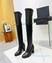 Dernières bottes longues au dessus du genou pour femmes, doublure intérieure en polaire élastique en peau de vache, talon épais, tête ronde, panneau de fermeture éclair, taille 8cm