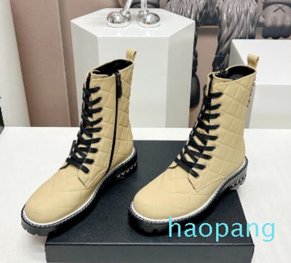 Dernières bottes courtes pour femmes à lacets fermeture éclair talon bas fond plat bout rond Plaid supérieur formel décontracté Banquet travail bottes de pluie bottes de neige