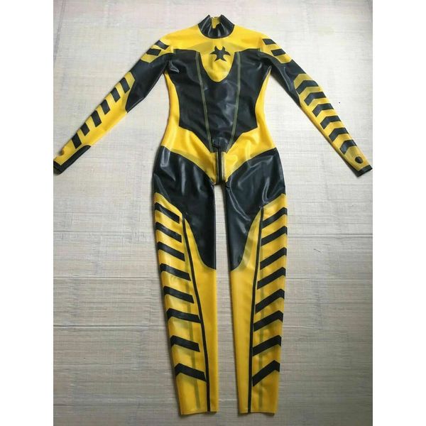 Latex 100% en caoutchouc Costume humide Look Black Yellow Suit Unisexe Taille S-xxl