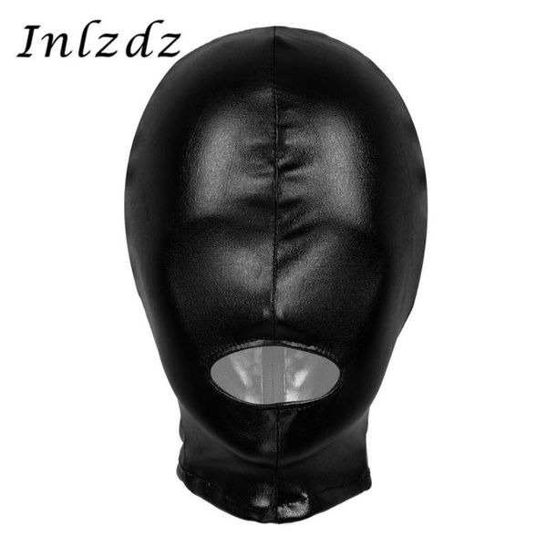 Masque facial en Latex pour hommes femmes kit de Costume Cosplay brillant métallique bouche ouverte trou couvre-chef pleine capuche jeu de rôle 220715