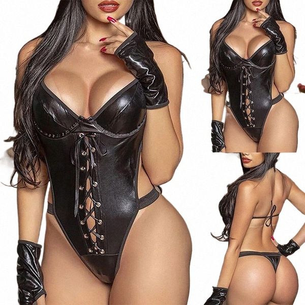 Costumes de cosplay en cuir latex Lingerie érotique Backl V Neck Teddies Body Plus Size Femmes Hollow Out Corsets Costumes Sexy b4NW #