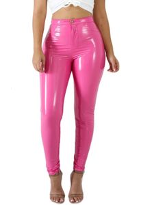 Latex PU Pantalon en cuir femmes rose pantalon serré noir