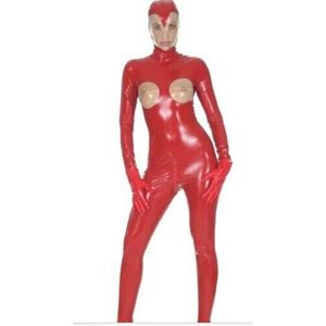 Latex combinaison de caoutchouc Femmes Full corps sexy rouges et collants transparents Catsuites avec des gants de casque
