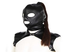 Latex Unisexe Hood Mask Sexy Pu Leather Masks Men Femmes Cosplay Flirting Hair Ponyton que ceinture CEULLE CEINTURE SEXY COSPlay accessoire Y1599583