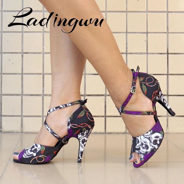 Latin 434 Ladingwu Ballroom Dancing Chaussures pour Holloween Skull Denim doodle Dance talons Sandals Femmes 240125 C