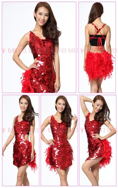 Costumes de danse latine plumes robes de salle de bal sexy taille robe de tango rouge paillettes dame vêtements de danse robe de danse Costume latin pour 2186157