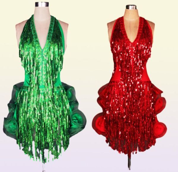 Robe de danse latine vert costume professionnel pour femmes costume de samba à franges robes de concours de salle de bal pour femmes colorées glands 81812189