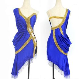 Vestido de baile latino Ropa de actuación sexy para mujeres Fiesta Rhinestone Competencia Traje Falda con flecos Azul1