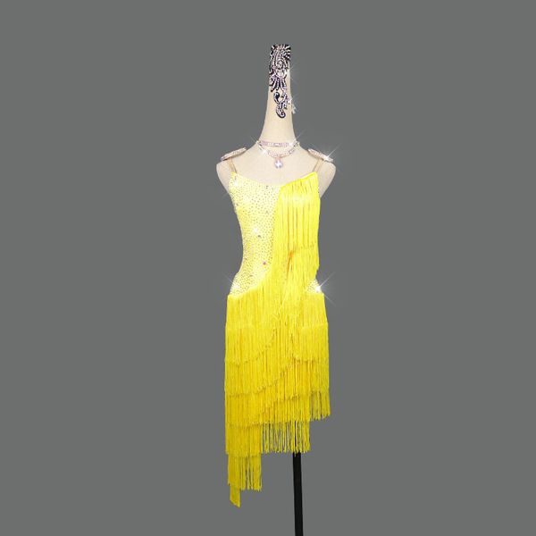 Robe de danse latine robes de gland femmes adultes robe de compétition pour enfants tenue de danse jupe à franges de salle de bal jaune fluo