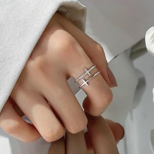LATS argent couleur Double croix clignotant Zircon anneaux ouverts pour les femmes étudiant coréen Index bague 2022 bijoux de mode