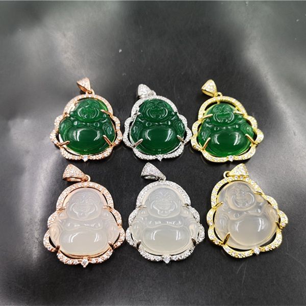 Rire Bouddha Jade Pendentif Collier 925 Argent Plaqué Incrusté Pierre Précieuse Bijoux Glace Calcédoine Agate Maitreya Femme Pendentifs En Gros