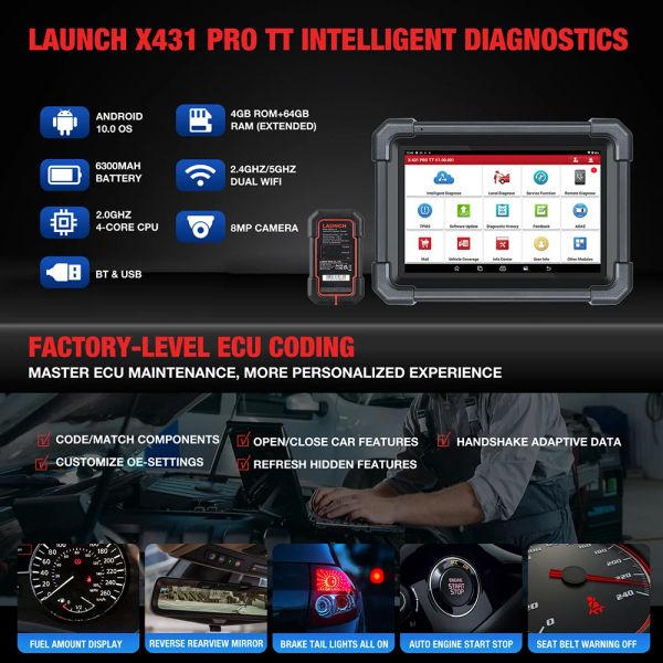 Lancez X431 Pro TT TT Bidirectional Scan Tool avec DBSCAR VII Connecteur, 37 + Réinitialisation pour toutes les voitures, codage en ligne de l'ECU, CANFD Key Immo,