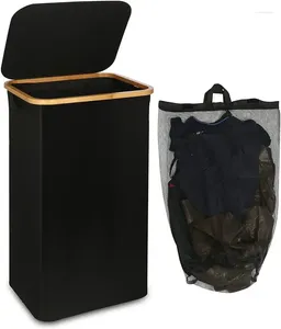 Bolsas de lavandería Cesta grande de 100l con tapa Asas de bambú para ropa Cesto plegable Bolsa interior Accesorios de baño