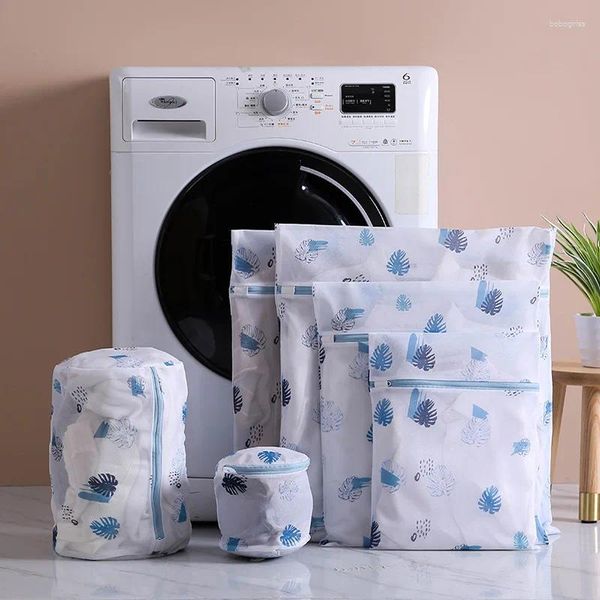 Bolsas de lavandería 6 PC/Set Polyester Mesh Hojas azules Piine Cactus Impresión Bolsa de lavado para ropa sucia Plegable