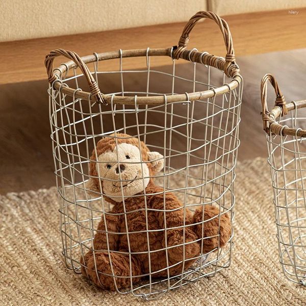 Sac à linge Style américain Vintage Simple Vine Wire Woven Pankets Children's Toys's Toys Storage Cadre avec des poignées Organisation Barrel