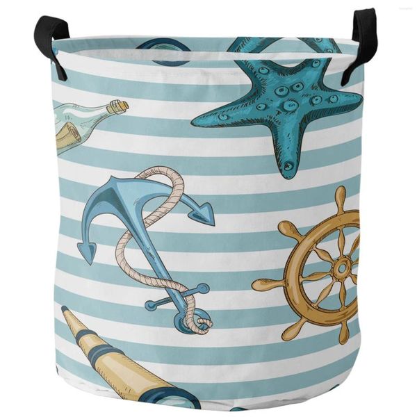 Bolsas de lavandería Anchor rayas de estrellas de mar timón canasta sucia organizador impermeable para el agua ropa para niños almacenamiento de juguetes