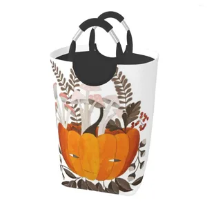 Waszakken herfstpompoen met champignons en bladeren aquarel illustratie een vuile kledingpakket