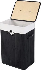 Sacs à linge Bamboo panier portable Panier de rangement de vêtements sales avec couvercle et poignées de bac à doublure amovible (noir)
