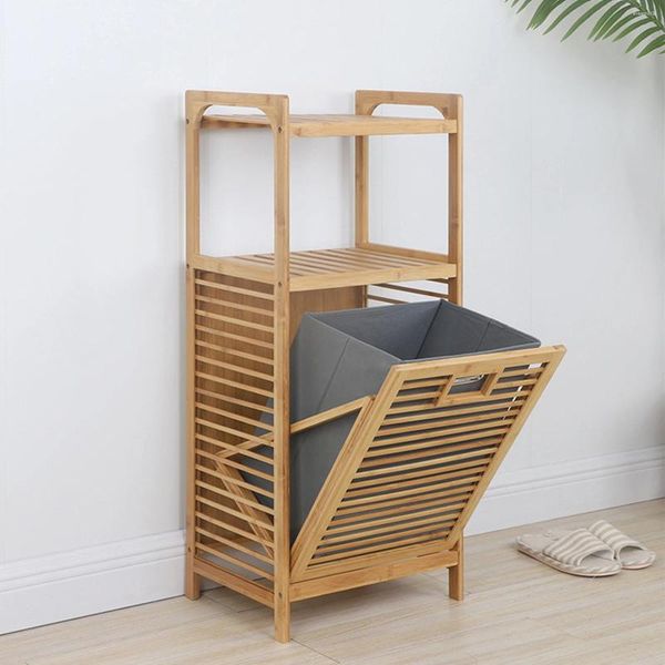 Sacs à linge Salle de bain Bambou Panier Cabinet Inclinable Panier de rangement avec étagère à vêtements à 2 niveaux