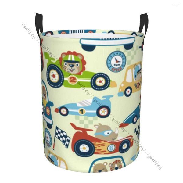 Bolsas de lavandería Cesta de baño Carretera de dibujos animados con animales divertidos Racer plegable Organizador de ropa de cestería