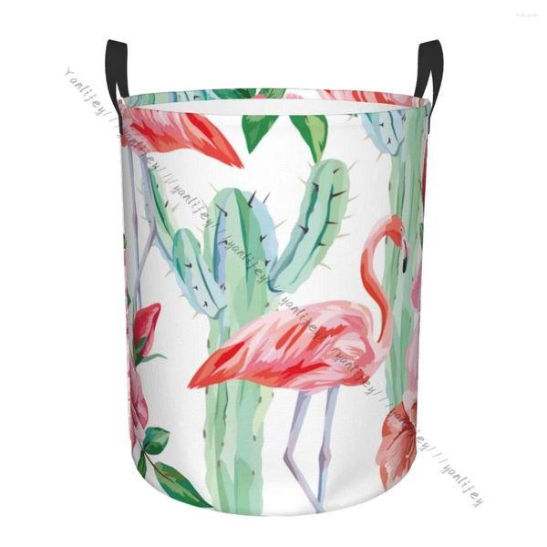 Bolsas de lavandería Cesta de baño Flamingo rosa cactus rosas plegables