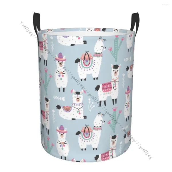 Bolsas de lavandería Organizador de baño Cartoon Llama Alpaca y Cactus Plegable Cesta Cesta Bag para ropa sucia Almacenamiento en el hogar