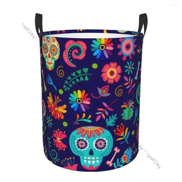 Sacs à linge Organisateur de salle de bain Jour des morts Calavera Crânes de sucre Panier pliant Panier Sac à linge pour vêtements Rangement à domicile