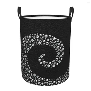 Waszakken Zwart leer met zilveren stud Swirl Basket Inklapbare texturen Kledingmand Speelgoed Organisator Opslagbakken