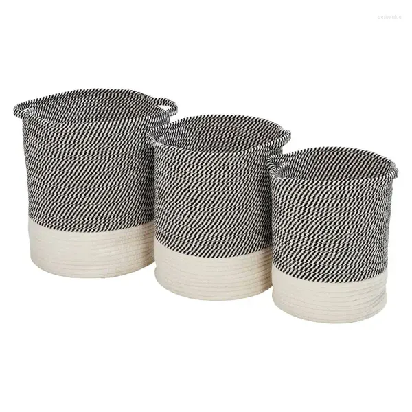 Sacs à linge Can Do, lot de 3 paniers en corde de coton bicolore pour le rangement, gris/blanc