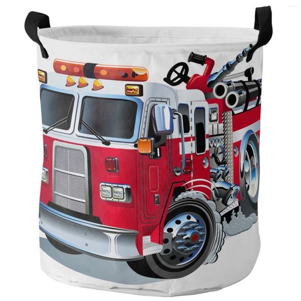 Sac à linge dessin animé camion de feu rouge panier pliable blanc