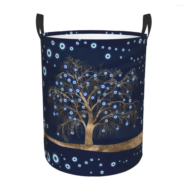 Bolsas de lavandería Charm Tree Gold On Dark Blue Basket Amuleto plegable Nazar Evil Eye Ropa Cesto Juguetes Organizador Contenedores de almacenamiento