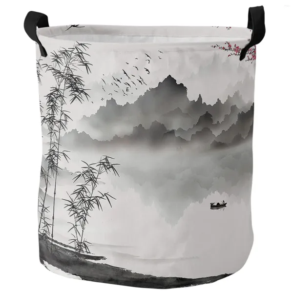 Sac à linge Paysage d'encre chinois peinture en bambou Dirket panier pliable Organisateur de maison Vêtements pour enfants Stockage