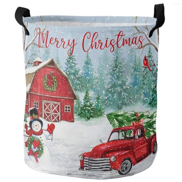 Sacs à linge Christmas Ferme d'hiver Red Barn Snowman Car Tree Tree Basket Dirty Baskable Organisateur Home Organisateur Kids Toy Rangement