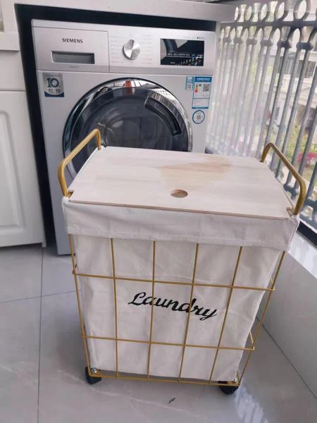 Sacs à linge doublure en tissu, paniers sales pour chambre à coucher, organisateur de rangement d'articles divers en fer pour la maison, roues en métal pour jouets