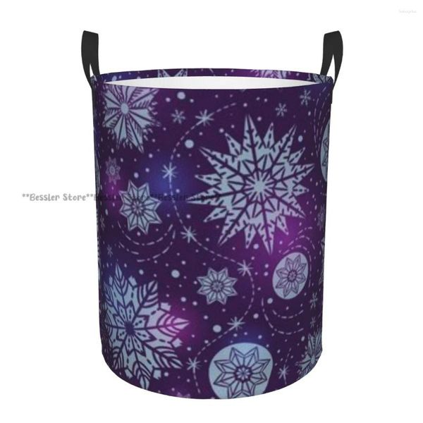 Bolsas de lavandería Cesta plegable Copos de nieve de Navidad y estrellas Almacenamiento redondo Cesto Cesto de ropa plegable Organizador