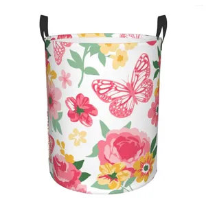 Sacs à linge panier pliant corail avec roses pivoines papillons bac de rangement rond grand panier pliable vêtements seau organisateur