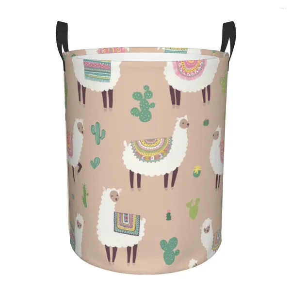 Sacs à linge Panier de pliage mignon Llama et Cactus Round Storage Bin Large Hamper Blapsible Clothes Toy Bucket Organisateur